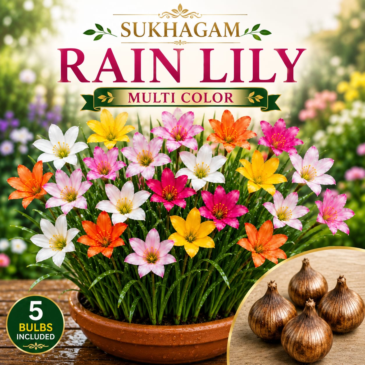 SUKHAGAM Rain Lily Multi Color Flower Bulbs (5 Bulbs Included)