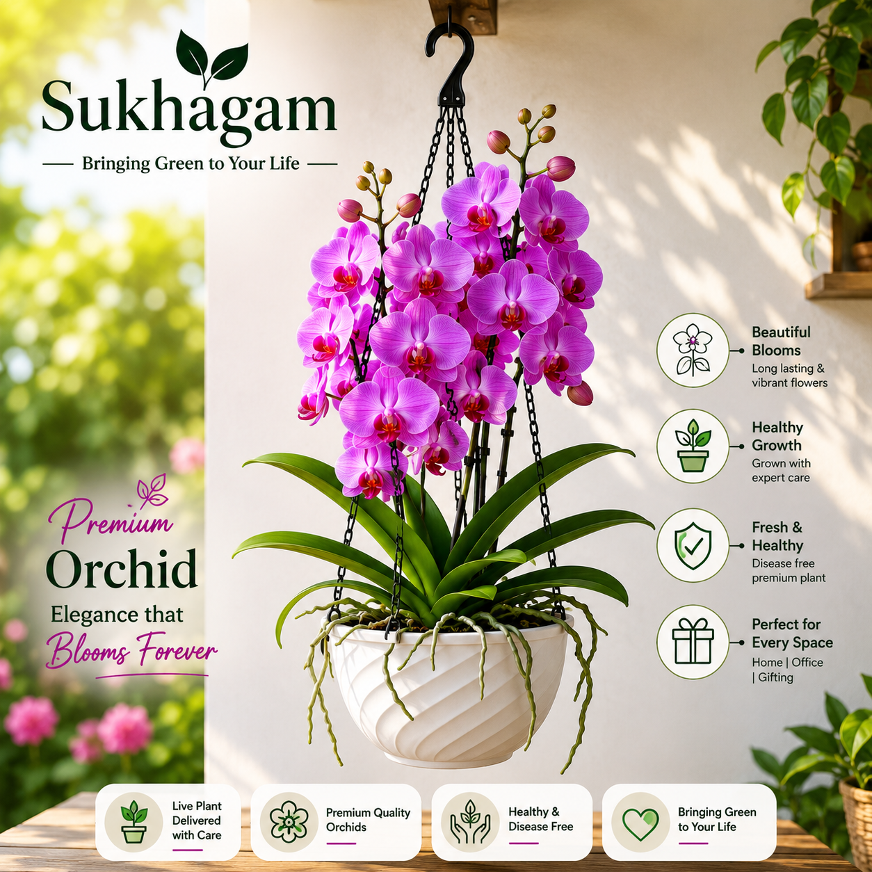 Premium Orchid Plant in Hanging Pot | Live Indoor Flowering Plant | Sukhagam