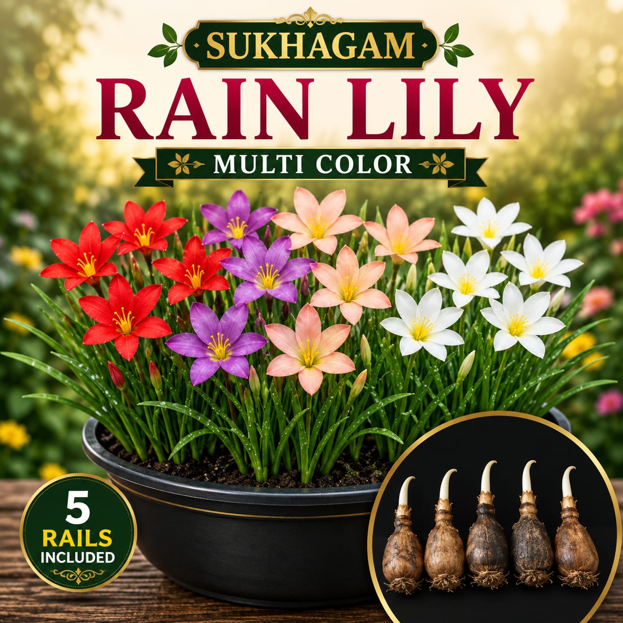 SUKHAGAM Rain Lily Multi Color Flower Bulbs (5 Bulbs Included)